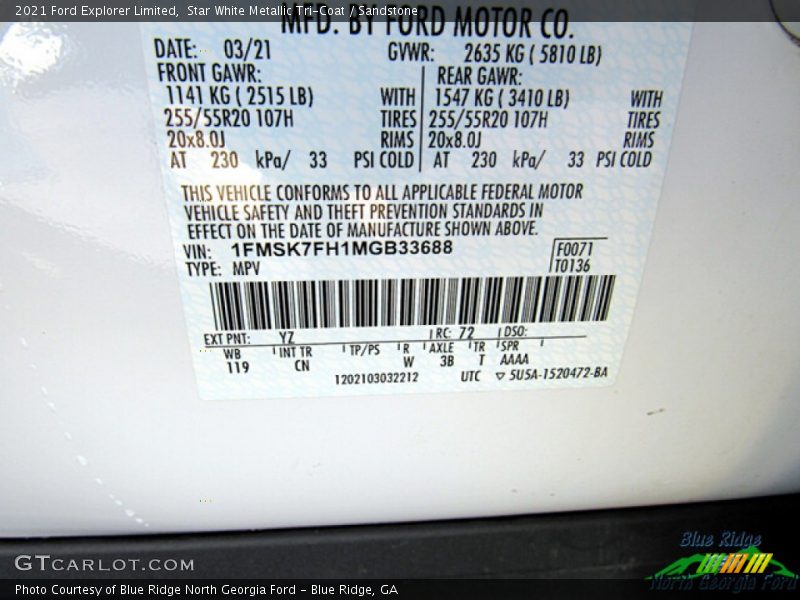 Star White Metallic Tri-Coat / Sandstone 2021 Ford Explorer Limited