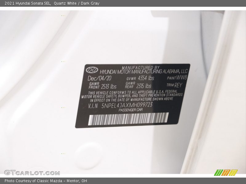 Quartz White / Dark Gray 2021 Hyundai Sonata SEL