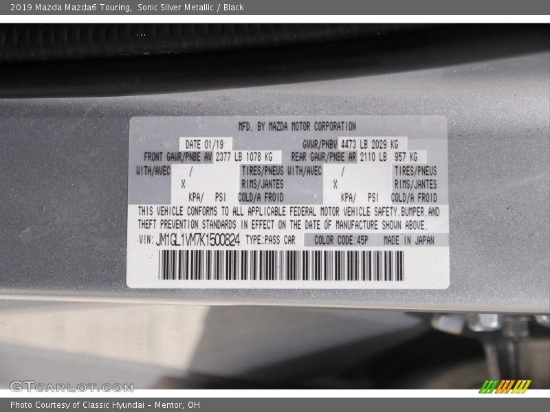 Sonic Silver Metallic / Black 2019 Mazda Mazda6 Touring