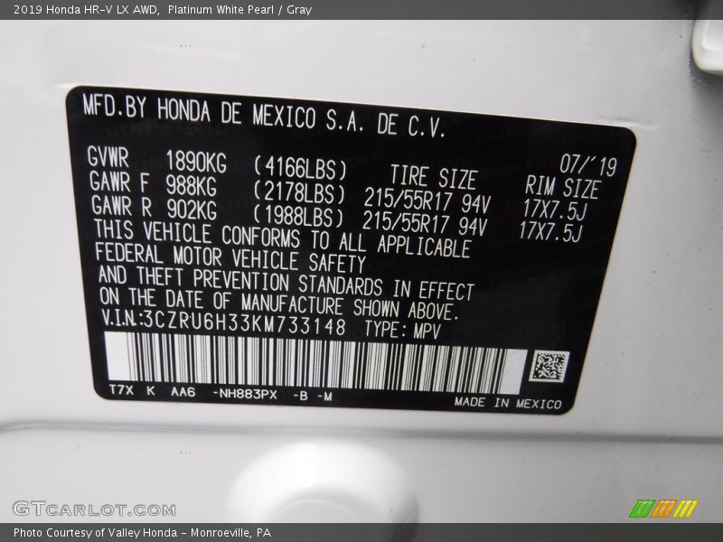 2019 HR-V LX AWD Platinum White Pearl Color Code NH883PX