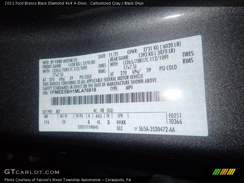 2021 Bronco Black Diamond 4x4 4-Door Carbonized Gray Color Code M7