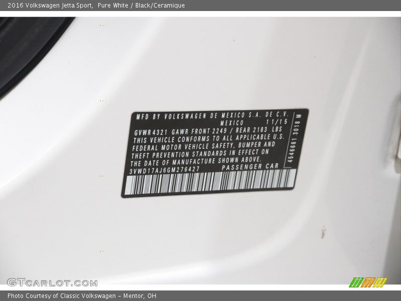 Pure White / Black/Ceramique 2016 Volkswagen Jetta Sport