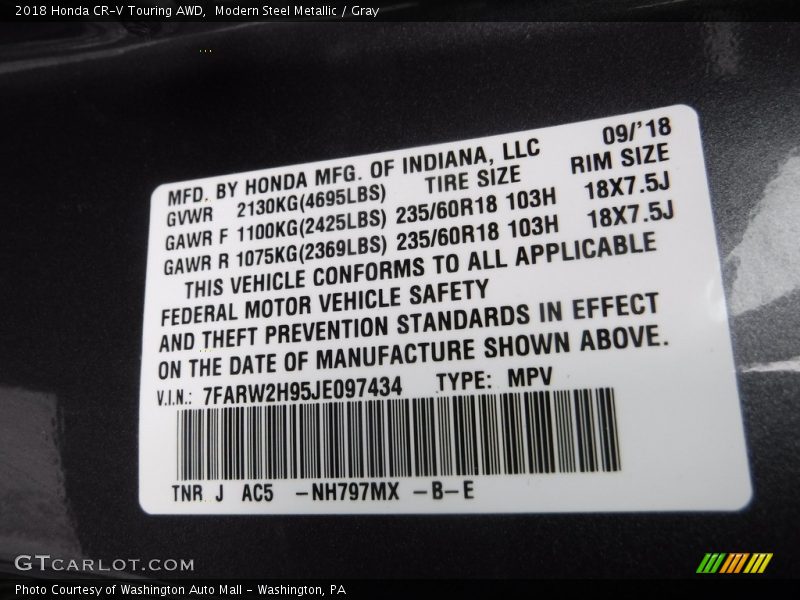 Modern Steel Metallic / Gray 2018 Honda CR-V Touring AWD