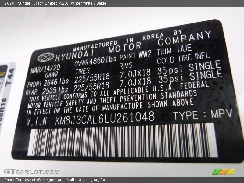 Winter White / Beige 2020 Hyundai Tucson Limited AWD