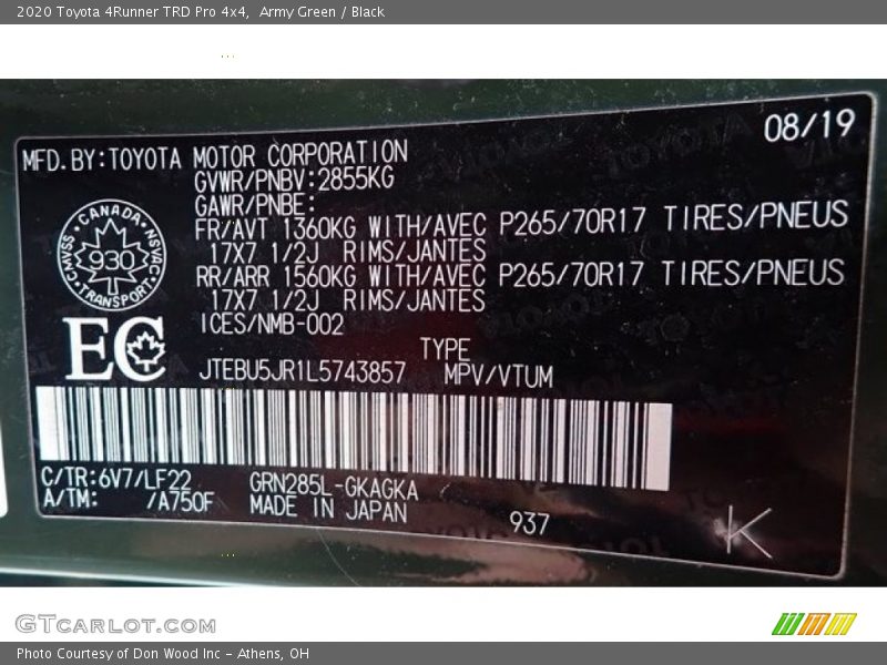 Army Green / Black 2020 Toyota 4Runner TRD Pro 4x4