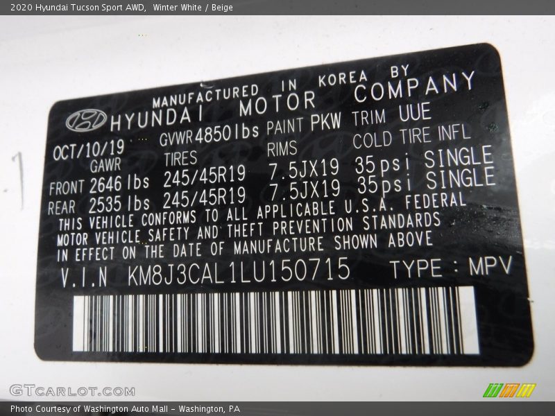 Winter White / Beige 2020 Hyundai Tucson Sport AWD