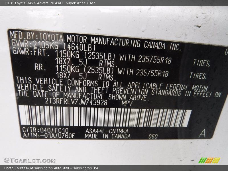 Super White / Ash 2018 Toyota RAV4 Adventure AWD
