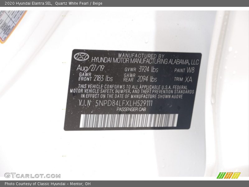 Quartz White Pearl / Beige 2020 Hyundai Elantra SEL