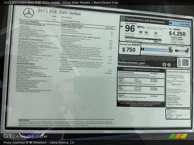  2023 EQE 350+ Sedan Window Sticker