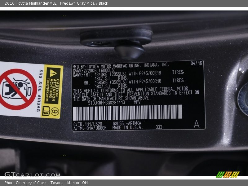 Predawn Gray Mica / Black 2016 Toyota Highlander XLE