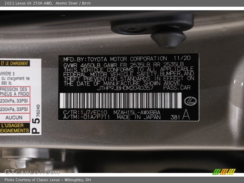 Atomic Silver / Birch 2021 Lexus UX 250h AWD