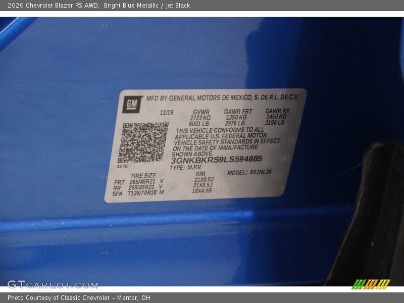 Bright Blue Metallic / Jet Black 2020 Chevrolet Blazer RS AWD