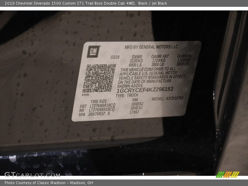Black / Jet Black 2019 Chevrolet Silverado 1500 Custom Z71 Trail Boss Double Cab 4WD