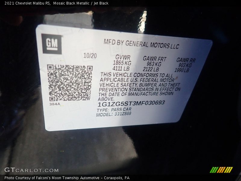 Mosaic Black Metallic / Jet Black 2021 Chevrolet Malibu RS