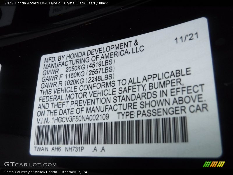 Crystal Black Pearl / Black 2022 Honda Accord EX-L Hybrid