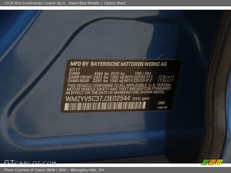 Island Blue Metallic / Carbon Black 2018 Mini Countryman Cooper ALL4