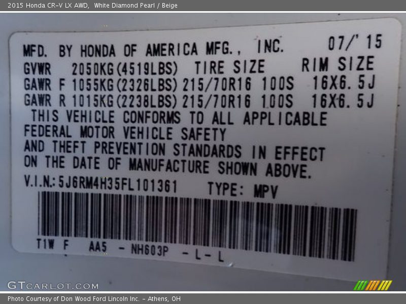 White Diamond Pearl / Beige 2015 Honda CR-V LX AWD