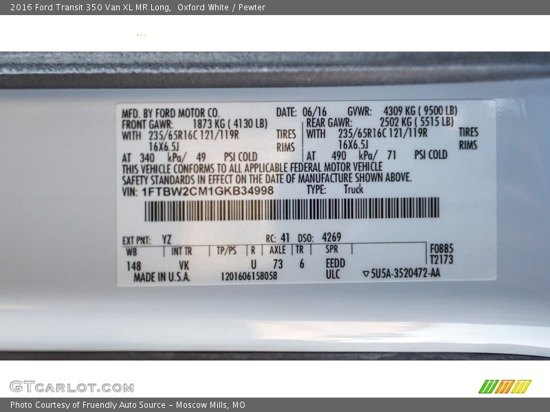 Oxford White / Pewter 2016 Ford Transit 350 Van XL MR Long