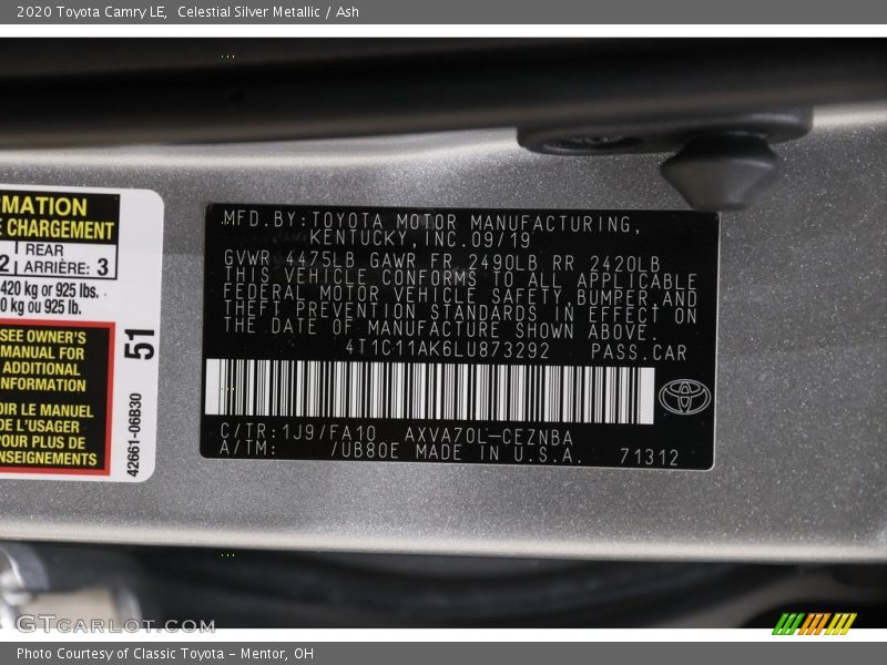 Celestial Silver Metallic / Ash 2020 Toyota Camry LE