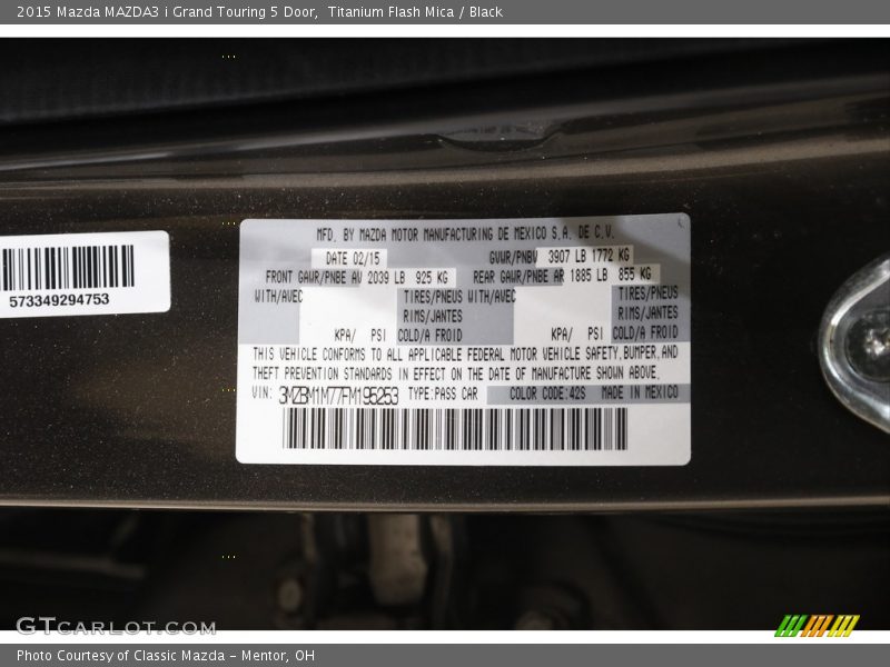 2015 MAZDA3 i Grand Touring 5 Door Titanium Flash Mica Color Code 42S