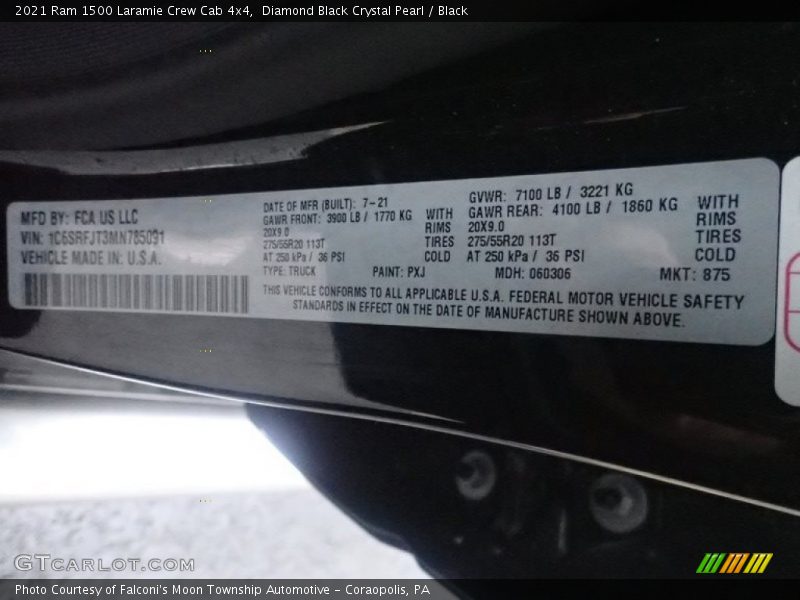 2021 1500 Laramie Crew Cab 4x4 Diamond Black Crystal Pearl Color Code PXJ