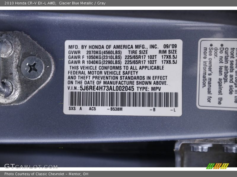 Glacier Blue Metallic / Gray 2010 Honda CR-V EX-L AWD