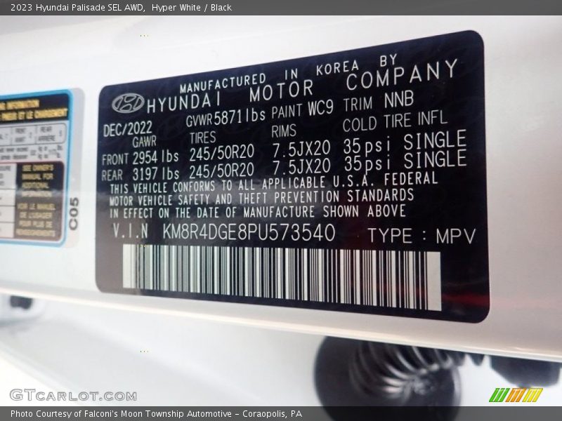 2023 Palisade SEL AWD Hyper White Color Code WC9