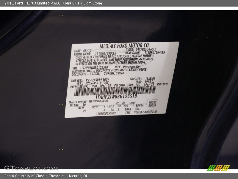 2011 Taurus Limited AWD Kona Blue Color Code L6
