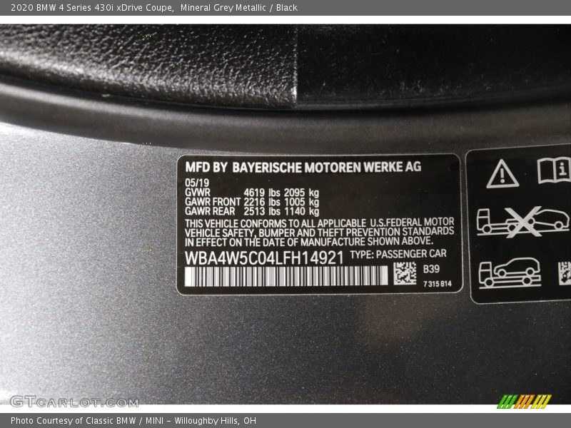 Mineral Grey Metallic / Black 2020 BMW 4 Series 430i xDrive Coupe