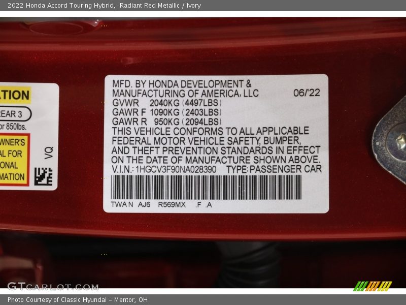 2022 Accord Touring Hybrid Radiant Red Metallic Color Code R569MX