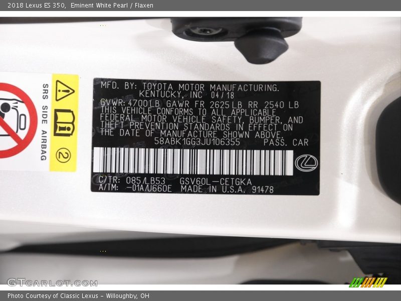 Eminent White Pearl / Flaxen 2018 Lexus ES 350