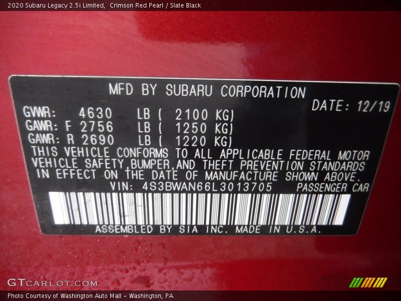 Crimson Red Pearl / Slate Black 2020 Subaru Legacy 2.5i Limited