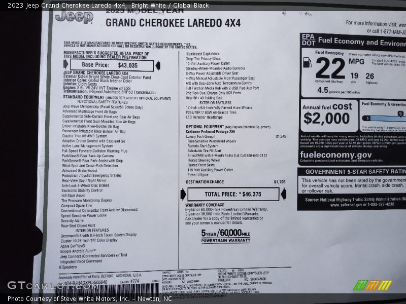  2023 Grand Cherokee Laredo 4x4 Window Sticker