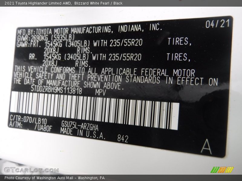 Blizzard White Pearl / Black 2021 Toyota Highlander Limited AWD