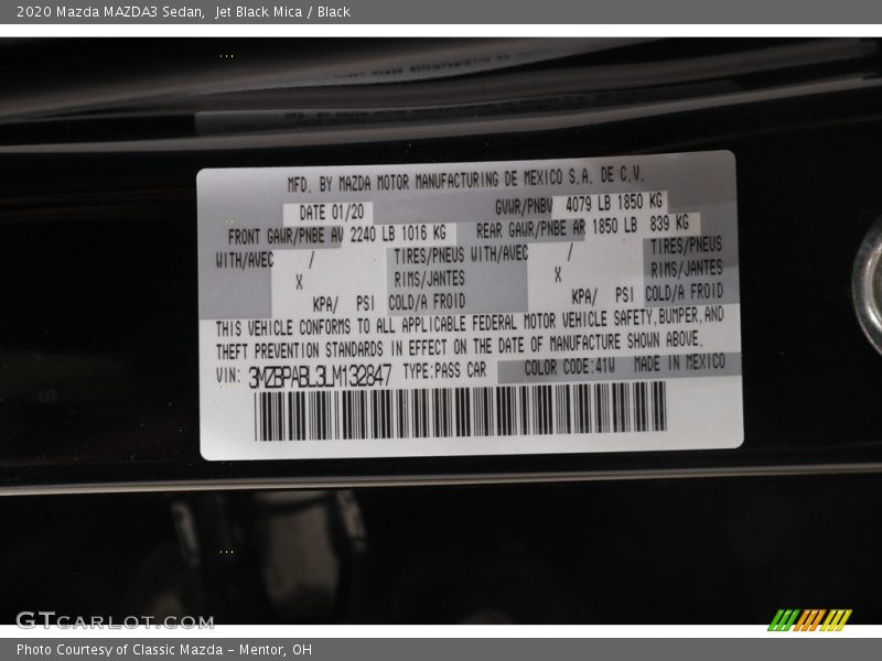 2020 MAZDA3 Sedan Jet Black Mica Color Code 41W