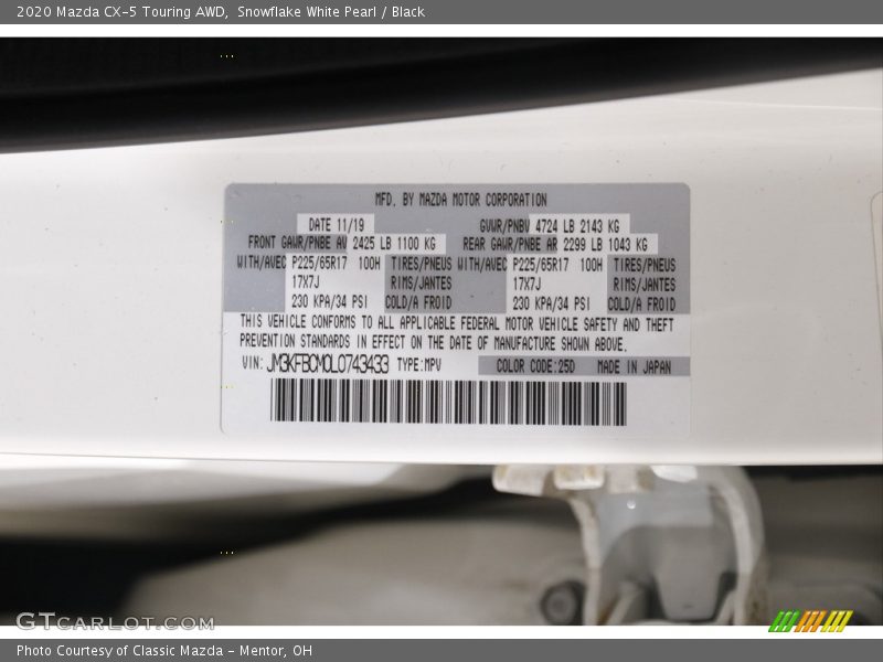 Snowflake White Pearl / Black 2020 Mazda CX-5 Touring AWD