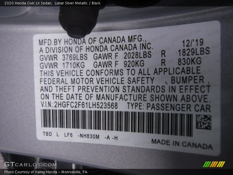 Lunar Silver Metallic / Black 2020 Honda Civic LX Sedan