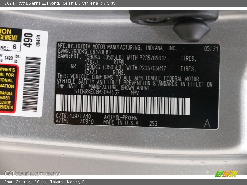 2021 Sienna LE Hybrid Celestial Silver Metallic Color Code 1J9