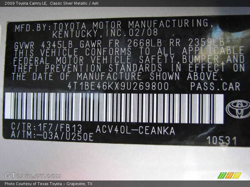 Classic Silver Metallic / Ash 2009 Toyota Camry LE