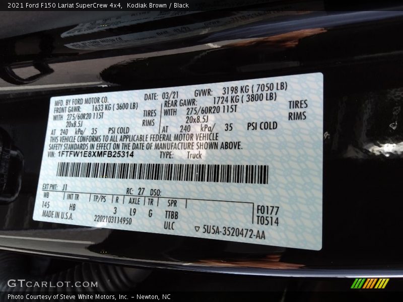 2021 F150 Lariat SuperCrew 4x4 Kodiak Brown Color Code J1