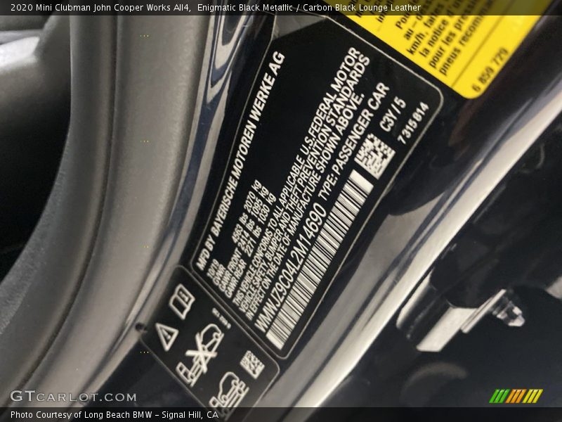 2020 Clubman John Cooper Works All4 Enigmatic Black Metallic Color Code C3Y