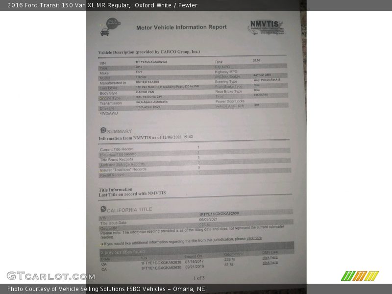 Oxford White / Pewter 2016 Ford Transit 150 Van XL MR Regular