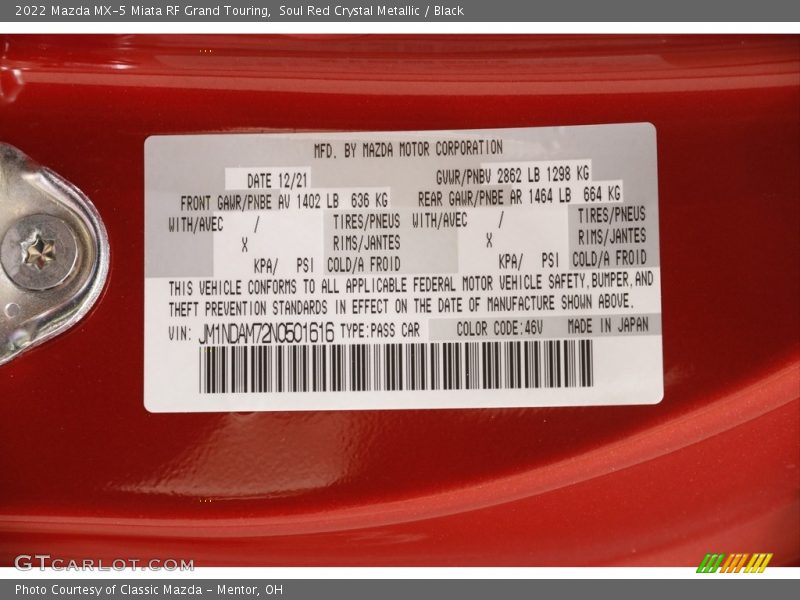 2022 MX-5 Miata RF Grand Touring Soul Red Crystal Metallic Color Code 46V