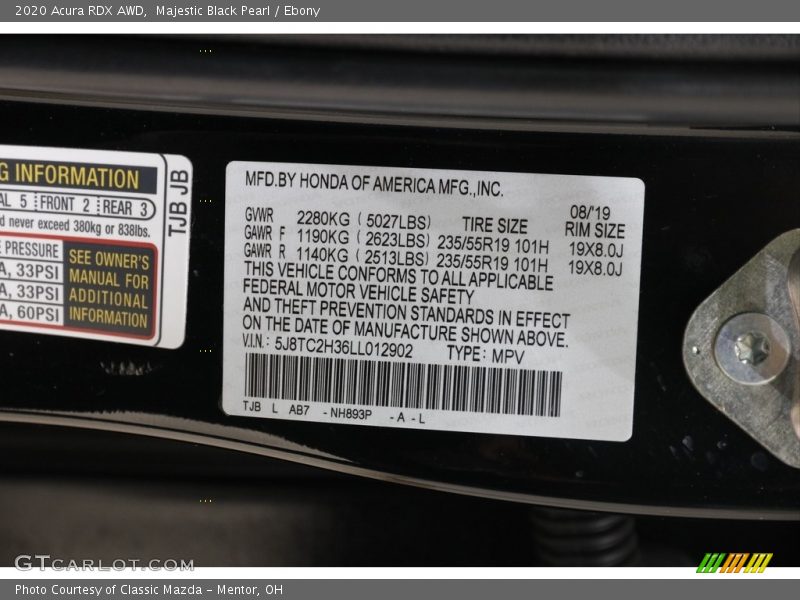 2020 RDX AWD Majestic Black Pearl Color Code NH893P