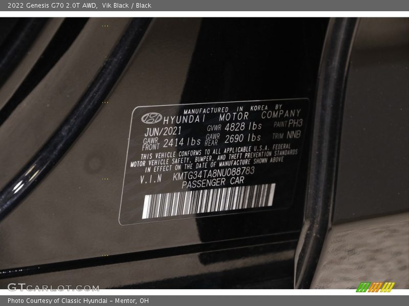 2022 G70 2.0T AWD Vik Black Color Code PH3