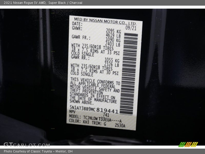 2021 Rogue SV AWD Super Black Color Code KH3
