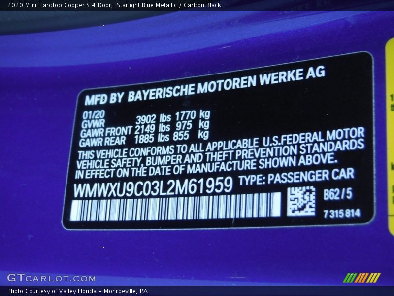 Starlight Blue Metallic / Carbon Black 2020 Mini Hardtop Cooper S 4 Door
