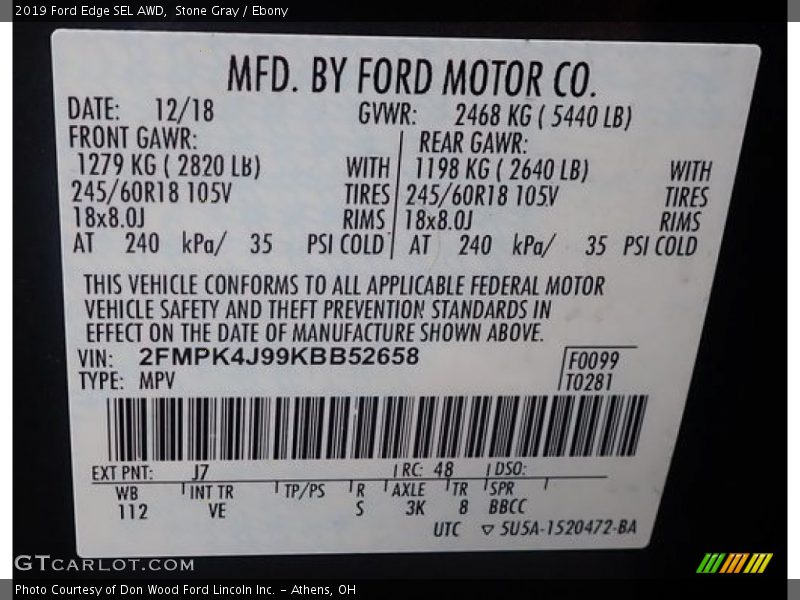 Stone Gray / Ebony 2019 Ford Edge SEL AWD