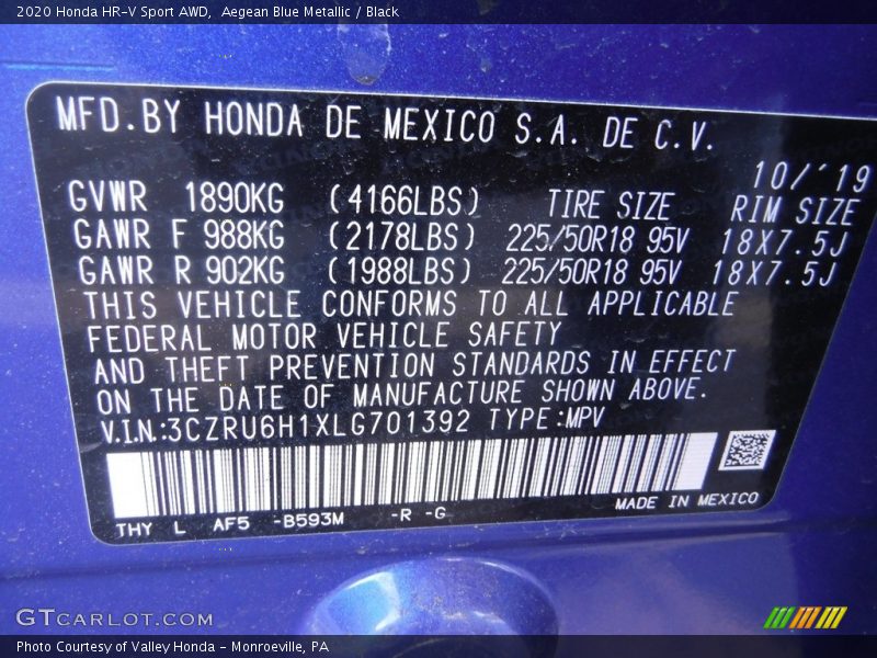 Aegean Blue Metallic / Black 2020 Honda HR-V Sport AWD