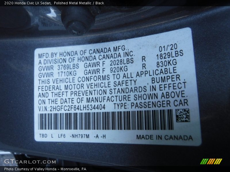Polished Metal Metallic / Black 2020 Honda Civic LX Sedan